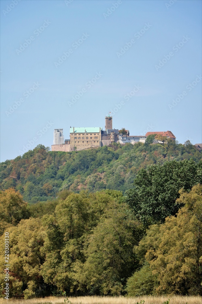 View from the Göpelskuppe to Wartburg at the edge of Thuringian Forest, Eisenach Germany 