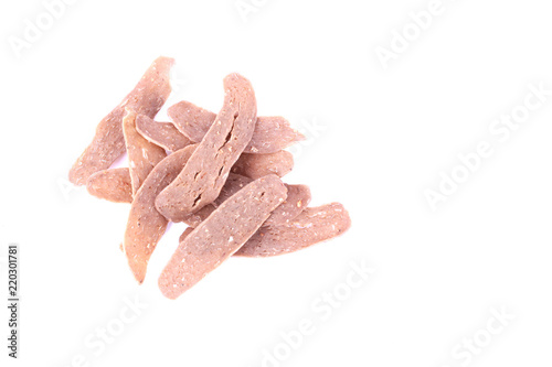 Home made kelantan raw fish cracker on white background. photo