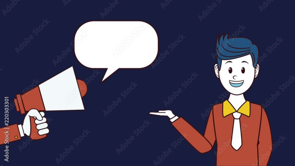 Hand with bullhorn and businessman talking advertising high definition animation colorful scenes Hand with bullhorn and businessman talking advertising high definition animation colorful scenes