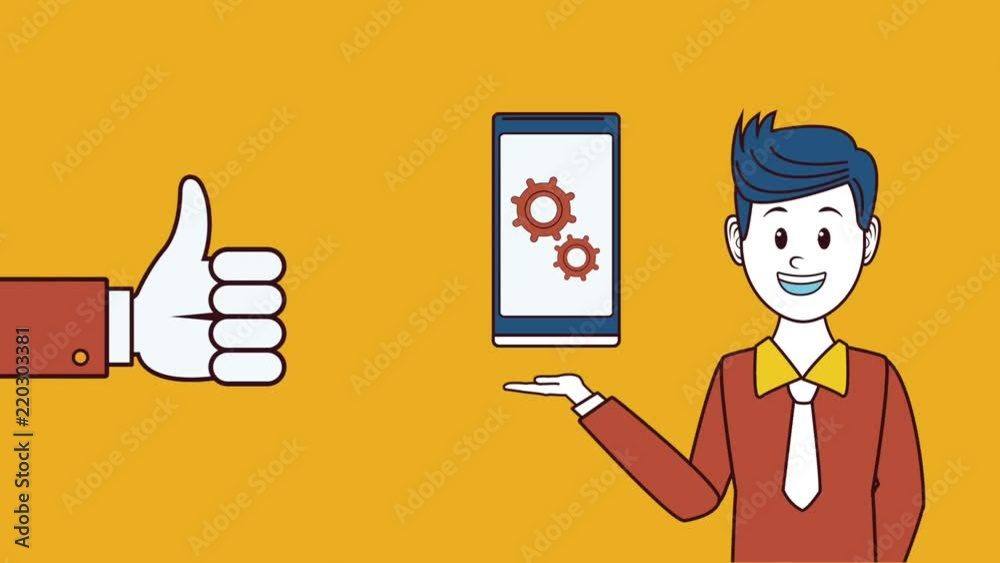 Businessman holding smartphone and hand thumb up high definition animation colorful scenes