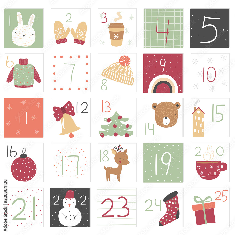 Cute advent calendar. Christmas graphic. Vector hand drawn illustration. Cute advent calendar. Christmas graphic. Vector hand drawn illustration.
