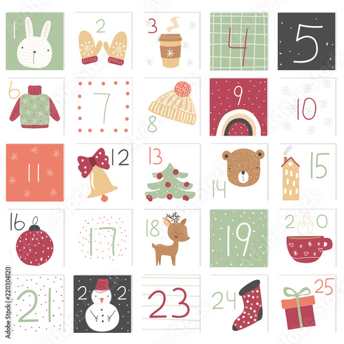 Cute advent calendar. Christmas graphic. Vector hand drawn illustration.