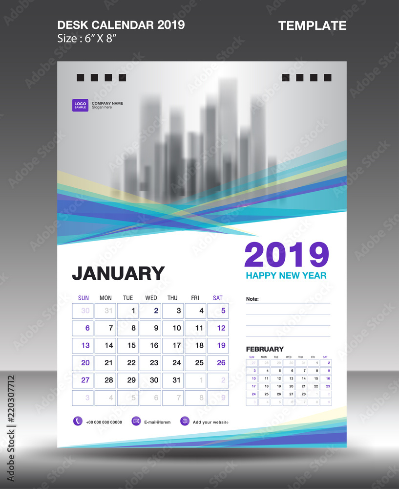 JANUARY- Desk Calendar 2019 Template, flyer design vector, Blue purple concept layout, monthly planner, Week starts on Sunday, vertical artwork