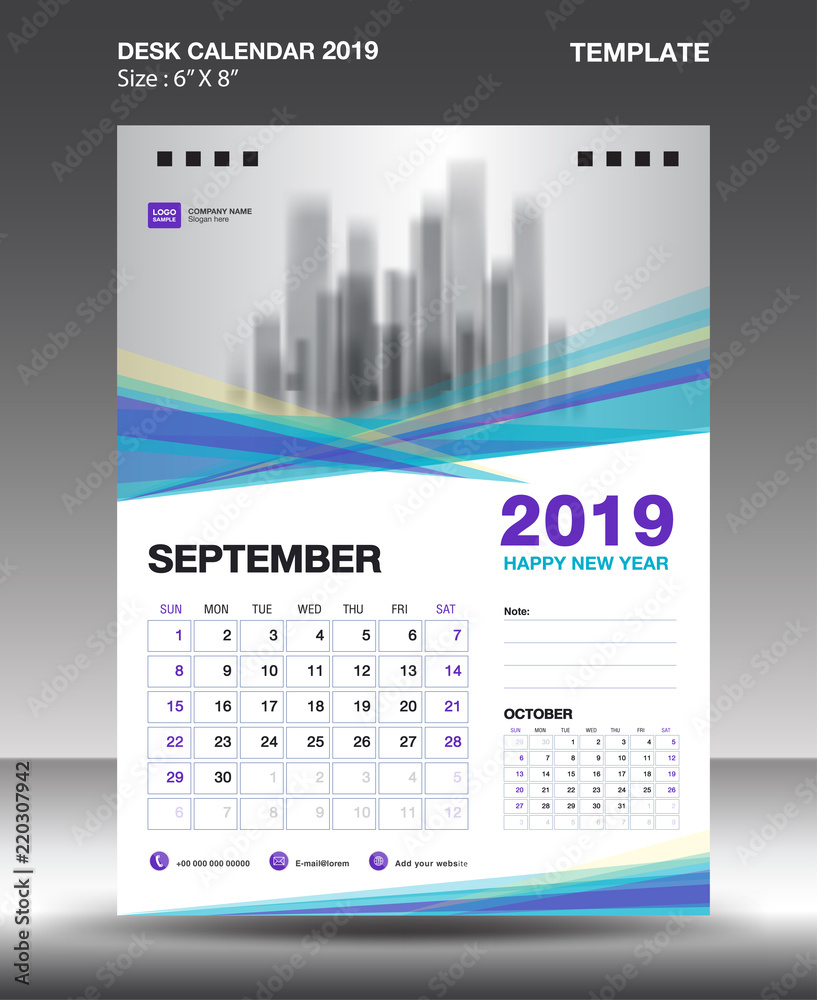 SEPTEMBER- Desk Calendar 2019 Template, flyer design vector, Blue purple concept layout, monthly planner, Week starts on Sunday, vertical artwork