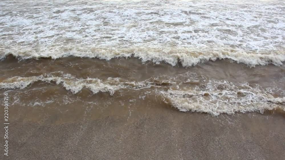 Aerial clip of frothing sea waves while breaking and striking on red sandy coast at high tide in Siridao Beach in Goa, India Aerial clip of frothing sea waves while breaking and striking on red sandy coast at high tide in Siridao Beach in Goa, India