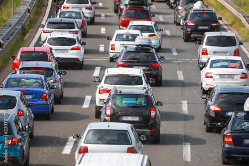 Rear view of traffic jam of lined up cars