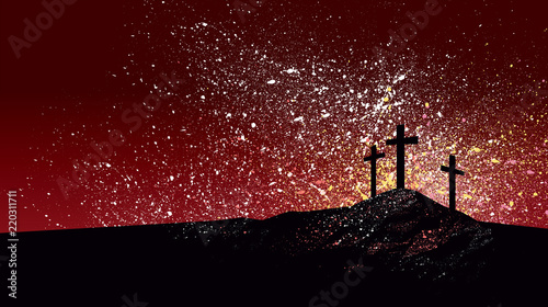 Christian Crosses against graphic splattered red sky background