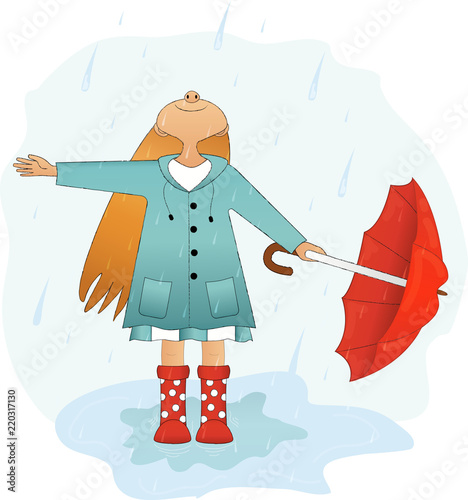 Girl with umbrella is happy rain.