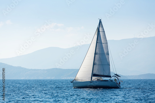 Greece sailing yacht boat at the Sea. Luxury cruise yachting.