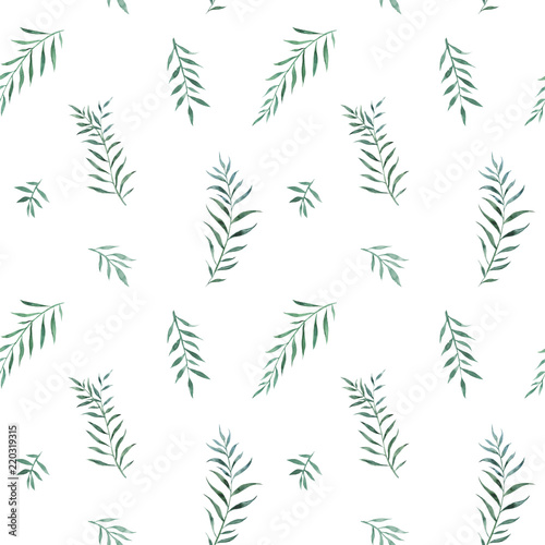 Simple and fresh watercolor seamless pattern with blue-green leaves on white background © NATALIA LYSKINA