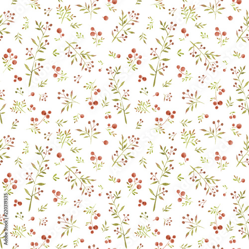 Watercolor seamless pattern with cute little leaves and red berries on white background