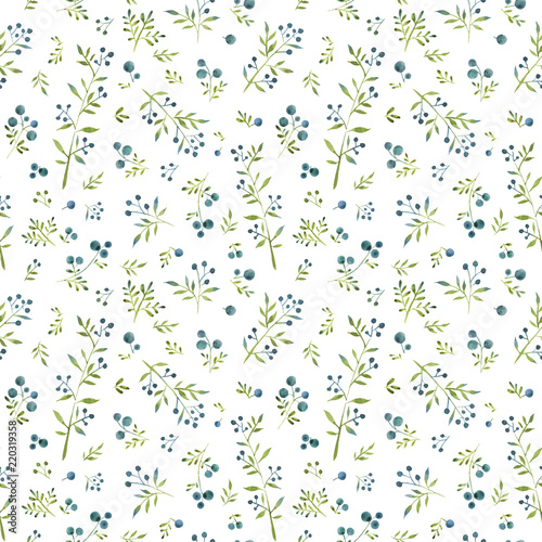 Watercolor seamless pattern with cute little leaves and blue berries on white background