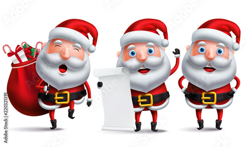 Santa claus vector character set holding christmas wish list and carrying sack of gifts and present isolated in white background for christmas design elements. Vector illustration.
