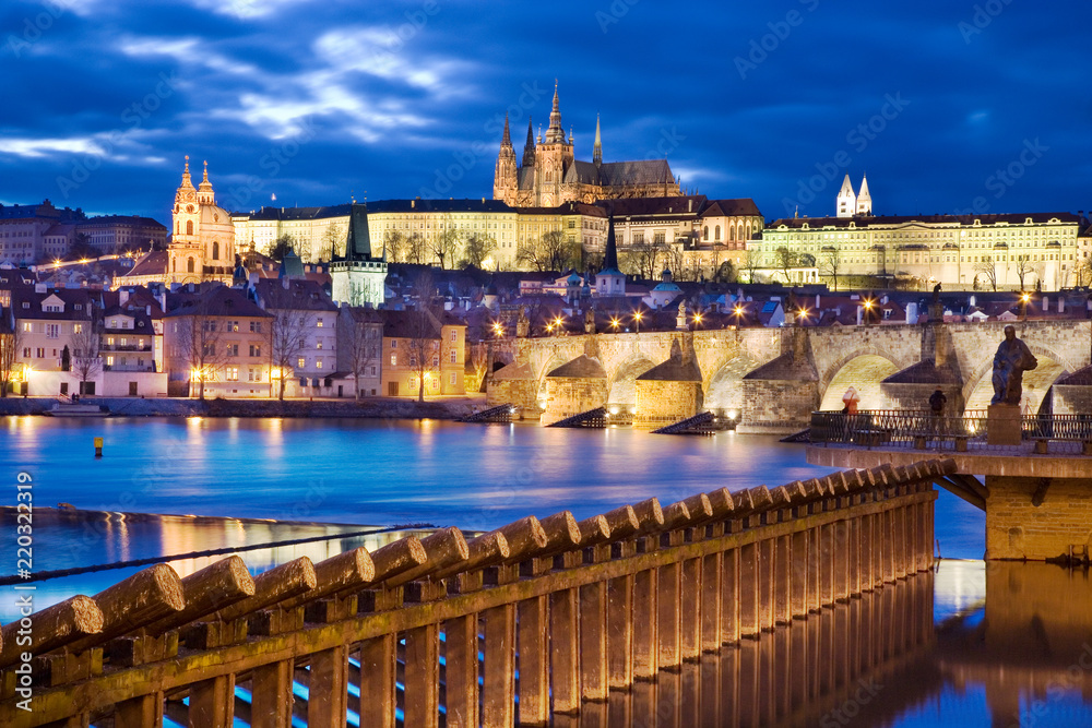 night view of Prague castle and Charles bridge over Moldau river, Lesser town, Prague (UNESCO), Czech republic