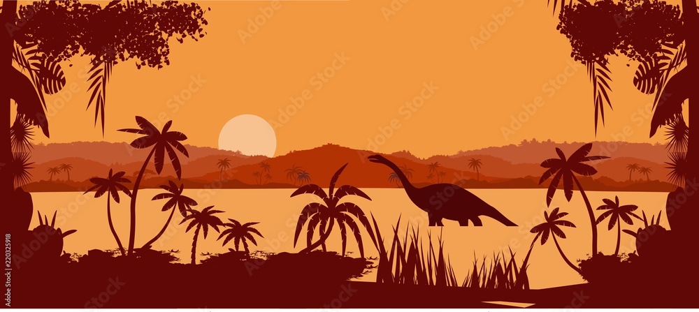 Fototapeta vector panorama of prehistoric tropical lake, with dinosaurs silhouettes