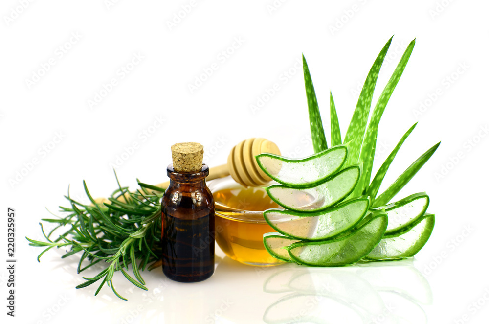 Aloe Vera, honey and rosemary hair and facial care ingredients on white   SPA recipe on white background. Stock Photo | Adobe Stock