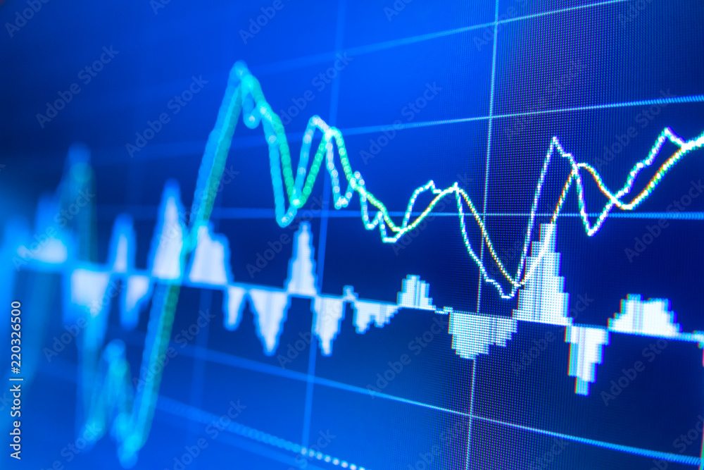 Naklejka premium Stock market graph analysis. Stock market data on LED display on laptop screen for finance and economic. Business graph background.