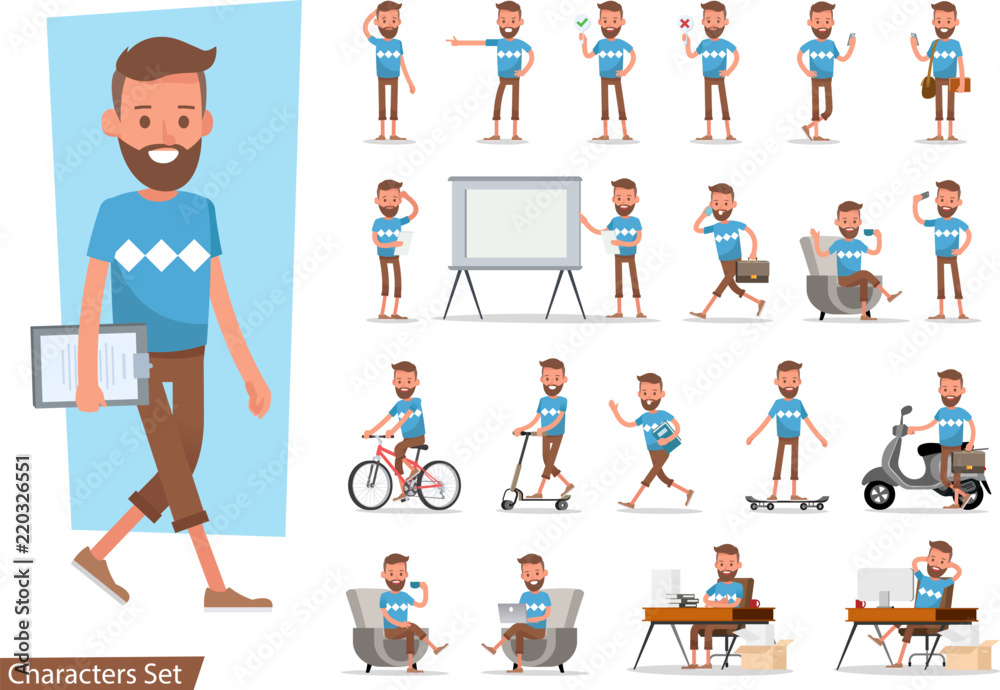 Set of office man worker character vector design. Presentation in various action with emotions, running, standing, walking and working. no4