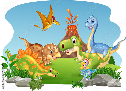 Cartoon happy dinosaurs in the jungle