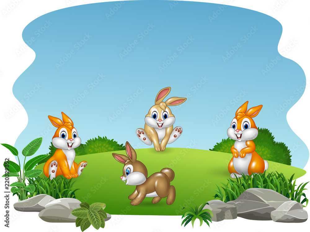 Fototapeta premium Cartoon happy rabbits collection with nature background