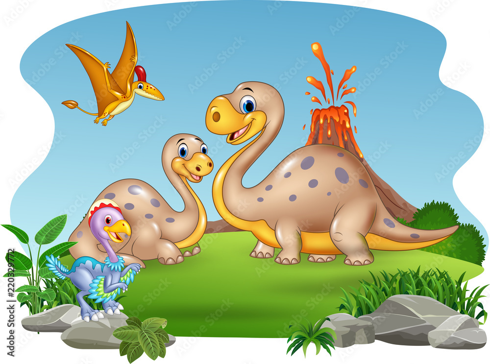 Cartoon mother and baby dinosaurs with nature background