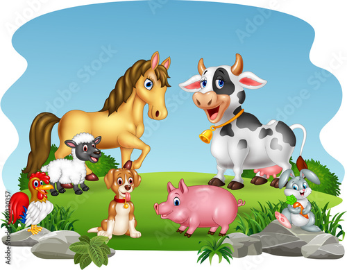 Cartoon farm animals with nature background