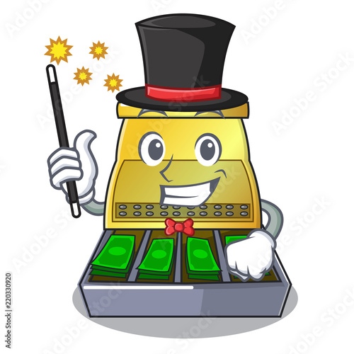Magician cartoon cash register with a money drawer