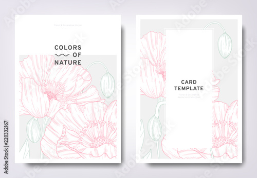 Fototapeta Naklejka Na Ścianę i Meble -  Floral greeting/invitation card template design, hand drawn poppy flowers with leaves, minimalist pastel style