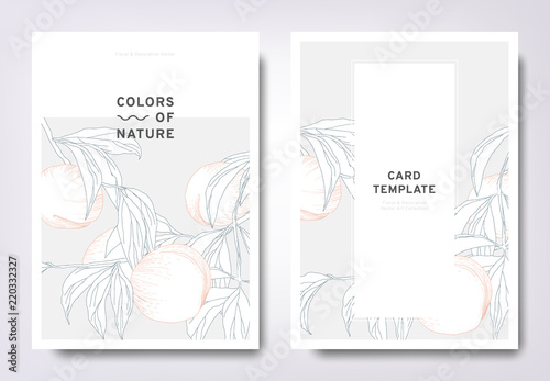 Floral greeting/invitation card template design, hand drawn peach fruits and leaves, minimalist pastel style