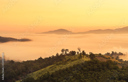 landscape view of sunrise on high angle view over rainforest mountain with white fog in early morning at thailand 