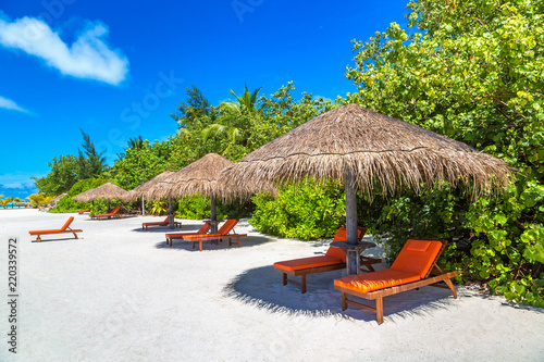 Canvas-taulu Sunbed and umbrella in the Maldives