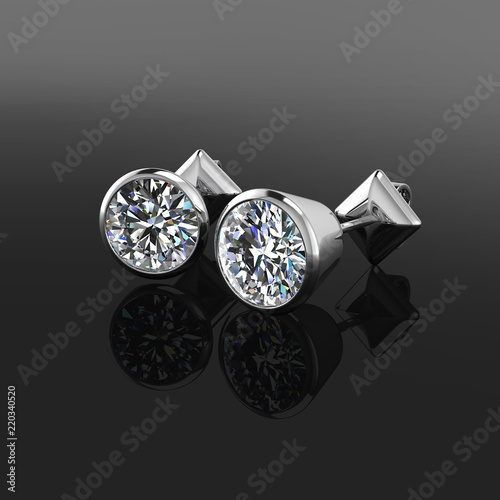 3D illustration silver diamond earrings on black background.