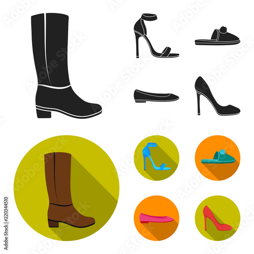 Blue high-heeled sandals, homemade lilac slippers with a pampon, pink women ballet flats, brown high-heeled shoes. Shoes set collection icons in black,flat style vector symbol stock illustration web.