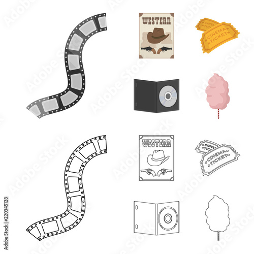 Western cinema, tickets, sweet cotton wool, film on DVD.Filmy and cinema set collection icons in cartoon,outline style vector symbol stock illustration web.