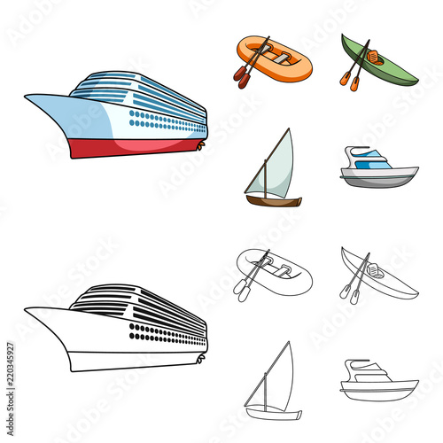 A rubber fishing boat, a kayak with oars, a fishing schooner, a motor yacht.Ships and water transport set collection icons in cartoon,outline style vector symbol stock illustration web.