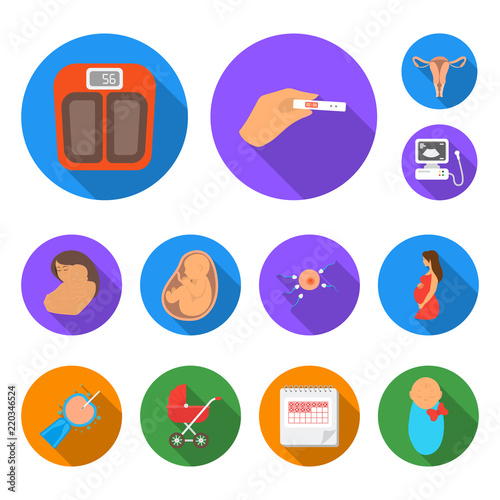 Woman and pregnancy flat icons in set collection for design. Gynecology and equipment vector symbol stock web illustration.