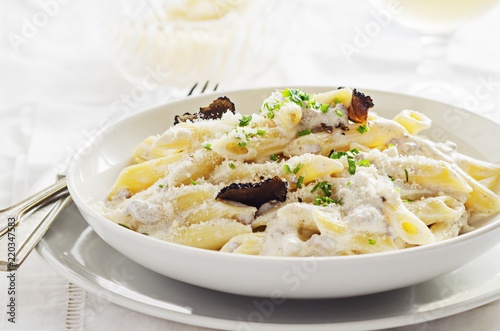 Penne alla norcina - Italian  pasta with  cream sauce and black truffle in white plate, free text space.