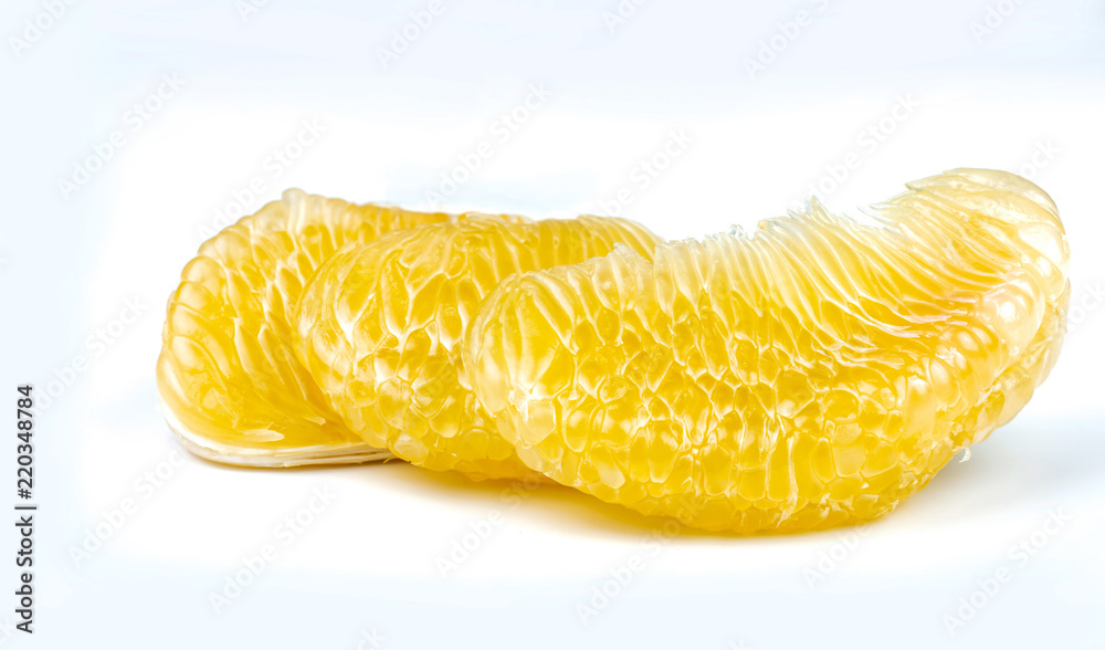 Pomelo pulp without seeds isolated on white background. Thailand pomelo