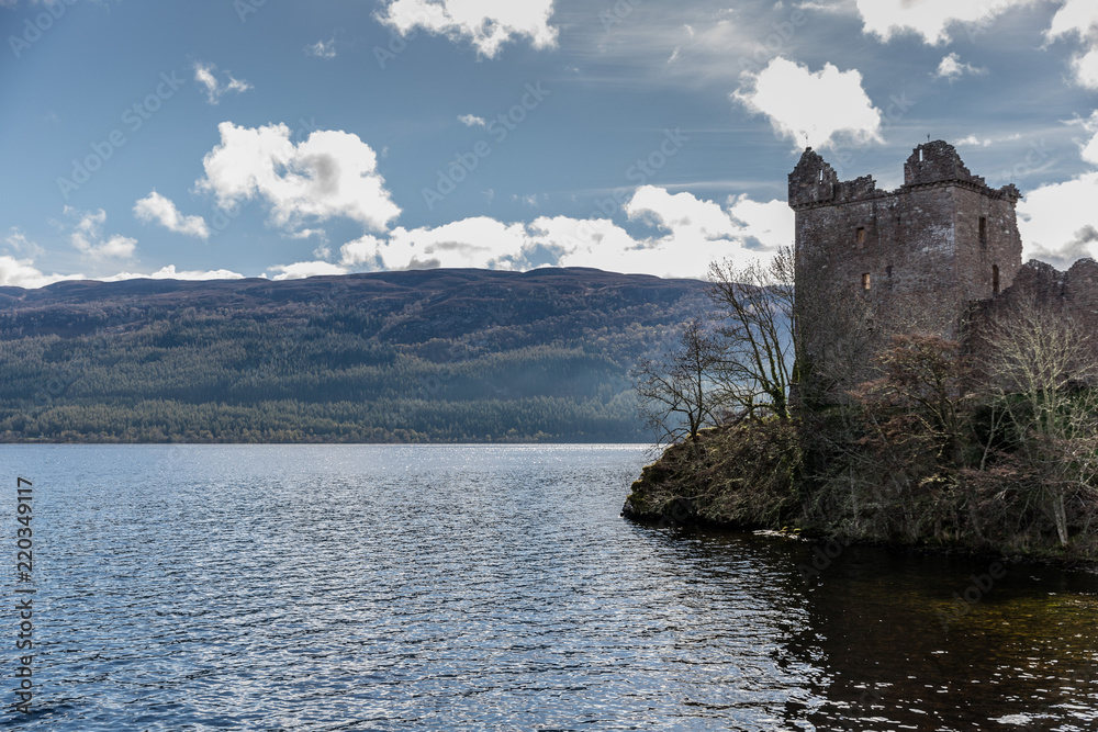 Urquhart Castle as seen from Loch Ness lake in the Highlands of Scotland