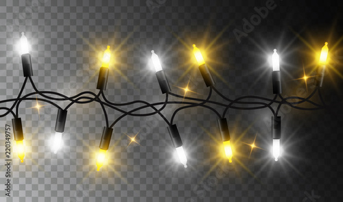Vector seamless realistic glowing christmas light garland on dark transparent background