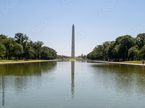 Washington Monument in front of the reflecting pool on National Mall on sunny day © David Tran