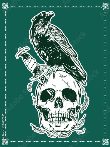 Halloween skull with crow illustration