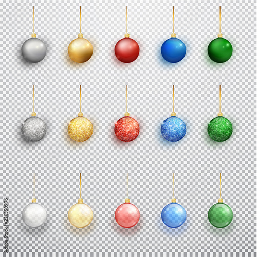 Colorful christmas balls set isolated on a transparent background. Christmas decorations. Vector object for christmas design, mockup. Vector realistic object Illustration 10 EPS.