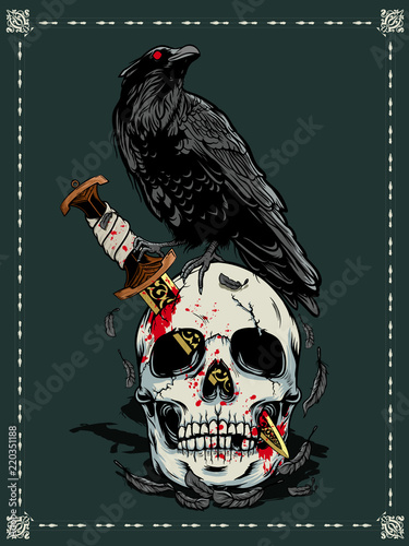 Halloween skull with crow illustration