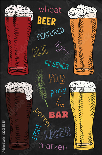 Beer featured. Beautiful illustration of stout, ale, light and lager beer on the chalkboard background