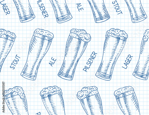Beer featured seamless pattern. Beautiful illustration of stout, ale, light and lager beer