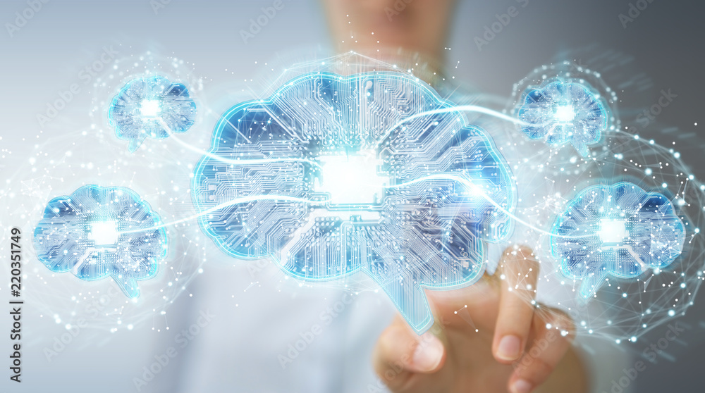 Businesswoman creating artificial intelligence in a digital brain 3D rendering Businesswoman creating artificial intelligence in a digital brain 3D rendering