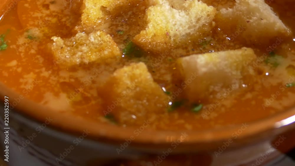 Tuscan style soup and croutons. Filmed on a lazy susan. Tuscan style soup and croutons. Filmed on a lazy susan.
