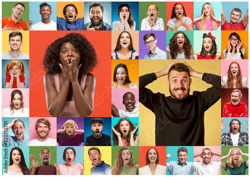 The collage of faces of surprised people on colored backgrounds