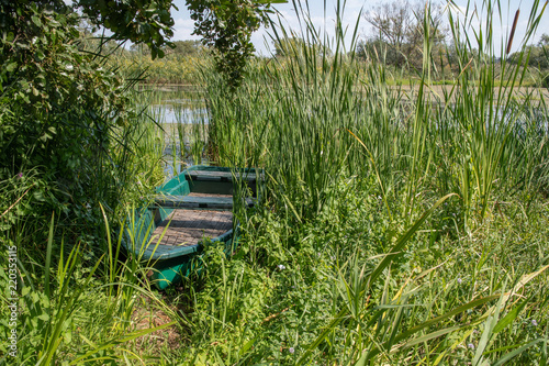 Ruderboot im Gras an der Havel bei Bützer